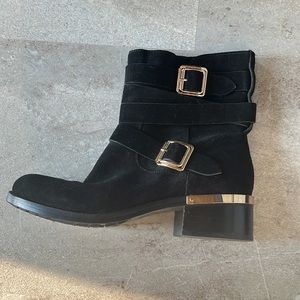 Vince Camuto size 8 black suede with gold metal trim boots. Excellent condition